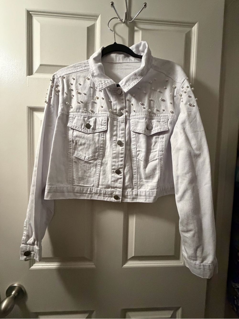 White Cropped Women's Jean Jacket with Pearls- Classic Lightweight Coat